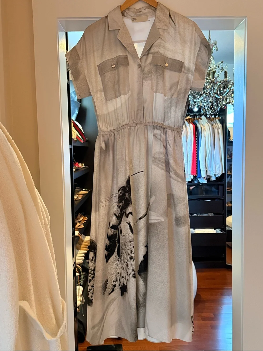 Tory Burch Cream Midi Shirt Dress with Black Botanical Motif